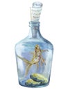 Goldfish in a blue glass bottle with a message and stones at the bottom. Watercolor illustration, hand drawn Royalty Free Stock Photo