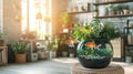 Goldfish bowl, plants, sunlit room, interior design Royalty Free Stock Photo