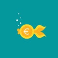 Goldfish. Euro coin as golden fish. Flat icon isolated on blue background Royalty Free Stock Photo