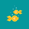 Goldfish. Euro coin as golden fish. Flat icon isolated on blue background Royalty Free Stock Photo