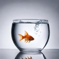 Goldfish in a glass bowl, endless white background.