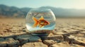 Goldfish in a glass fishbowl on a cracked soil of empty desert