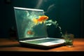 Goldfish jumping out of the monitor Royalty Free Stock Photo