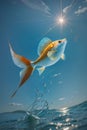 goldfish jumping out of water with sun behind it and clouds in the background Royalty Free Stock Photo