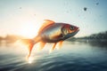 A goldfish jumping out of the water on sunny summer day, super wide angle. Generative AI Royalty Free Stock Photo