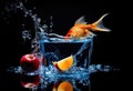 goldfish jumps into empty glass