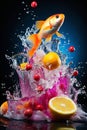 a goldfish jumps over berries and fruits with splashes of water on a colored background, delicious and beautiful food