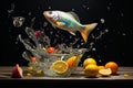 a goldfish jumps over berries and fruits with splashes of water on a dark background, delicious and beautiful food