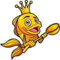 Cute Gold Fish Or Goldfish Cartoon Character With Crown Holding A Spoon