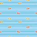 Goldfish pattern on blue background. Seamless pattern with small yellow and orange fish. - Vector Royalty Free Stock Photo
