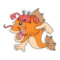 Goldfish playing with red crab, doodle icon image kawaii