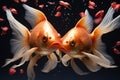 Goldfish in a romantic embrace, framed by a vibrant red heart