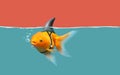 Goldfish with shark fin swim in green water and red sky, Gold fish with shark flip . Mixed media Royalty Free Stock Photo