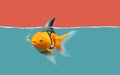 Goldfish with shark fin swim in green water and red sky, Gold fish with shark flip