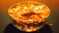 Goldfish swimming in bowl, vibrant colors shine generated by AI