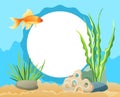 Goldfish Swimming among Seaweed, Stones and Sand