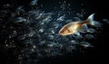 Goldfish swimming underwater in blue water. 3D Rendering.