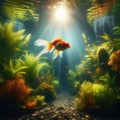 Goldfish swims around water tank filled with aquatic vegetation