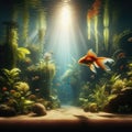 Goldfish swims around water tank filled with aquatic vegetation