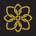 Golden glittering logo symbol in Celtic style on black background. Tribal symbol in octagonal flower form.