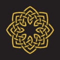 Golden glittering logo symbol in Celtic style on black background. Tribal symbol in octagonal mandala form