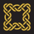 Golden glittering logo template in Celtic knots style on black background. Symbol in square frame form. Royalty Free Stock Photo