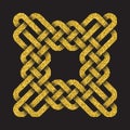 Golden glittering logo template in Celtic knots style on black background. Symbol in square frame form Royalty Free Stock Photo