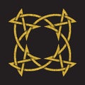 Golden glittering logo template in Celtic knots style on black background. Symbol in square frame form Royalty Free Stock Photo