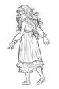 Goldilocks. Girl with long, loose hair stands half-turned and looks around. Fairy tale character.