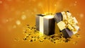 opened surprise gift box on orange backdrop - abstract 3D rendering Royalty Free Stock Photo