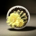 Gold Ball cactus with two flowers, summer blooming cactus with yellow flower