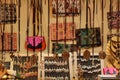 Goldsmith market stall with bags and necklaces Royalty Free Stock Photo