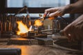 Goldsmiths melting metal to produce jewelry. In the background several blurred tools.