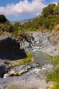 Gole Alcantara Sicilian national park. Alcantara river gorge canyon with volcanic lava caves and rocks. A touristic attraction in