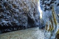 Gole Alcantara Sicilian national park. Alcantara river gorge canyon with volcanic lava caves and rocks. A touristic attraction in