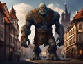 Golem, a creature from Prague legends and Jewish folklore, buildings on background