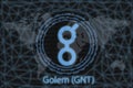 Golem GNT Abstract Cryptocurrency. With a dark background and a world map. Graphic concept for your design