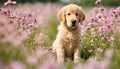 Golen Retriever puppy sitting in summer flower