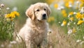 Golen Retriever puppy sitting in summer flower
