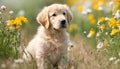 Golen Retriever puppy sitting in summer flower Royalty Free Stock Photo