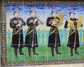 The Golestan palace decoration detailes, colourful painted tiles, musicians, men in Circassian clothing, Tehran, Iran