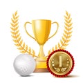 Golf Achievement Award Vector. Sport Banner Background. White Ball, Winner Cup, Golden 1st Place Medal. Realistic Royalty Free Stock Photo