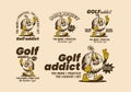 Golf addict. The more I practice, the luckier I get. Mascot character illustration of golf ball holding a golf stick