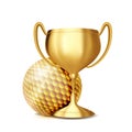 Golf Award Vector. Golf Ball, Golden Cup. Sports Game Event Announcement. Golf Banner Advertising. Professional League