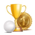Golf Award Vector. Sport Banner Background. White Ball, Gold Winner Trophy Cup, Golden 1st Place Medal. 3D Realistic Royalty Free Stock Photo
