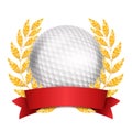 Golf Award Vector. Sport Banner Background. White Ball, Red Ribbon, Laurel Wreath. 3D Realistic Isolated Illustration Royalty Free Stock Photo
