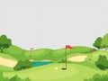 Golf background. Green golf course with hole and red flags for invitation card, poster and banner, charity play