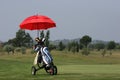 Golf bag on green with umbrella Royalty Free Stock Photo