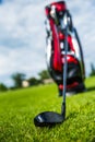 Golf ball ang club on golf green grass natural fairway Royalty Free Stock Photo