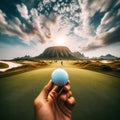 Golf ball flies through air, heading to a perfect landing on green Royalty Free Stock Photo